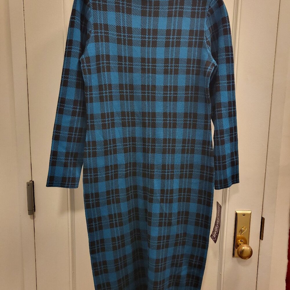 Nina Leonard Black and Teel Plaid Long Sleeve Dress